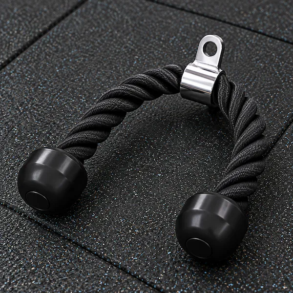Black braided cable rope attachment with two rubber end stops and a central metal connection eyelet.