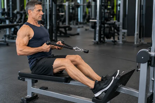 Man performing a seated cable row using a black rope attachment connected to a low pulley, with feet supported and torso upright.