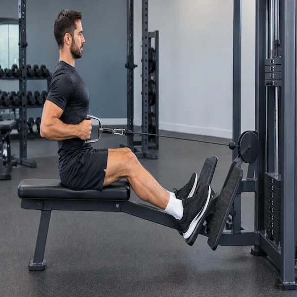 Single-arm seated cable row using a D-handle on a low cable pulley