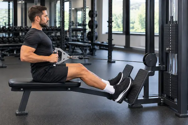 Athlete performing a seated cable row with one fixed parallel-grip attachment