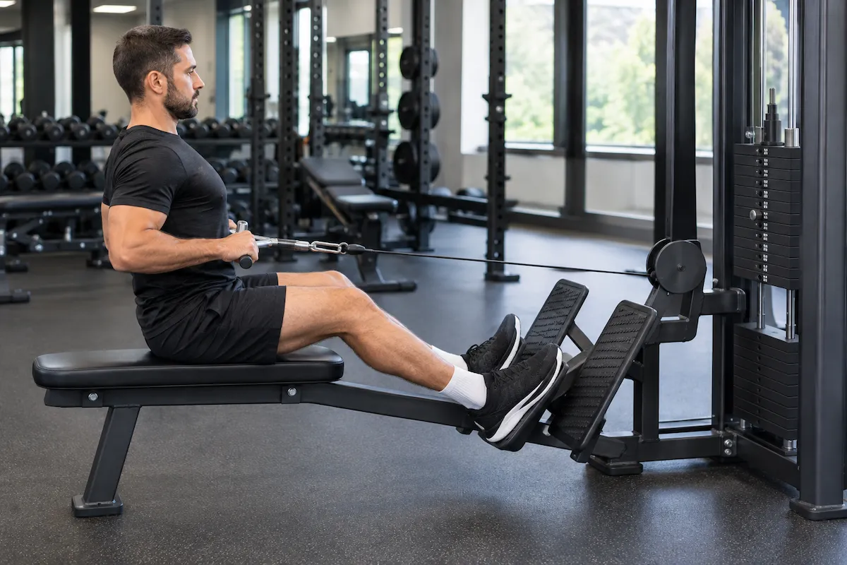 Man performing a seated cable row with an overhand straight-bar grip on a bench with supported feet.