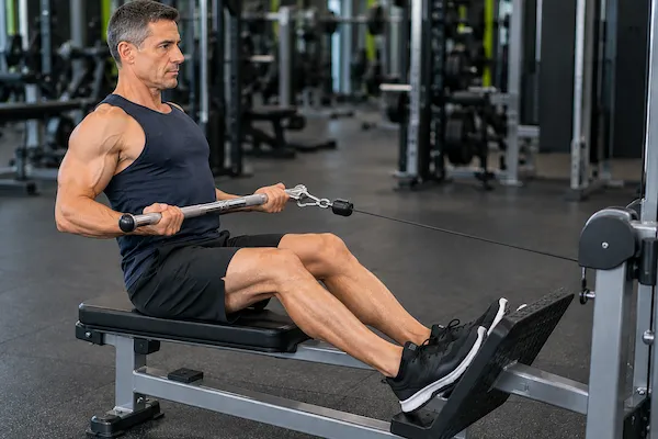 Athlete performing a seated cable row with a straight cable bar held in an underhand grip, elbows close to the body and feet supported on the footplate.