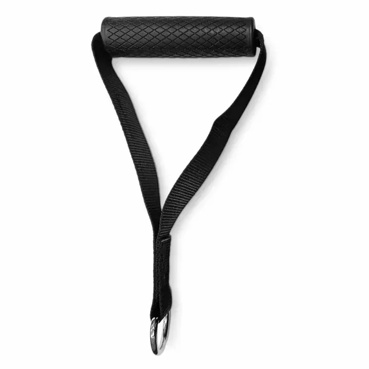 Single cable handle with a rotating grip, fabric strap and metal D-ring.