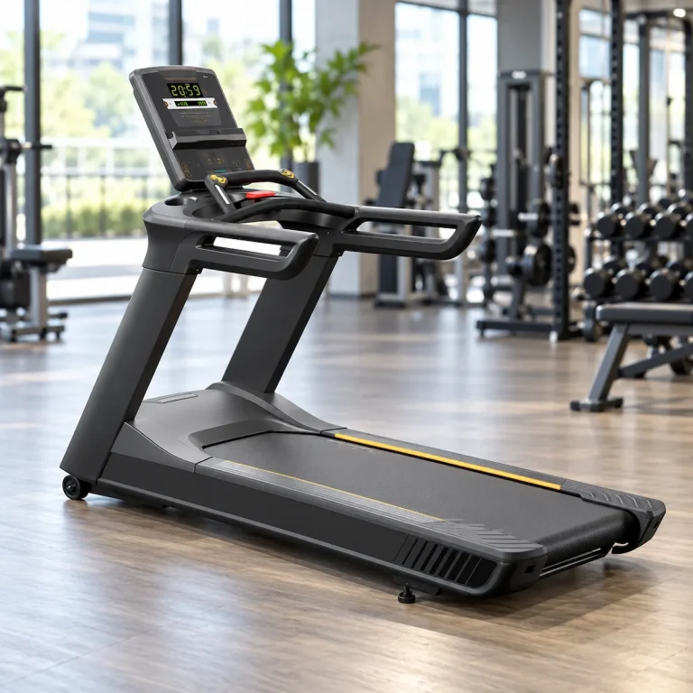 Side view of a commercial treadmill showing the console, handrails and full running deck.