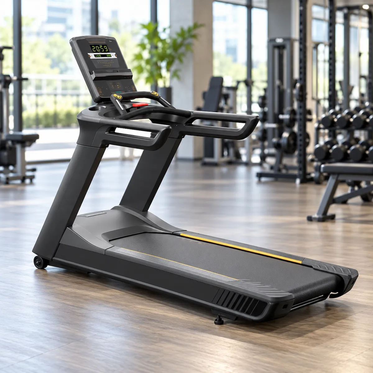 Side view of a commercial treadmill showing the console, handrails and full running deck.